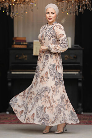 Çiçek Desenli Bej Tesettür Elbise 50355BEJ