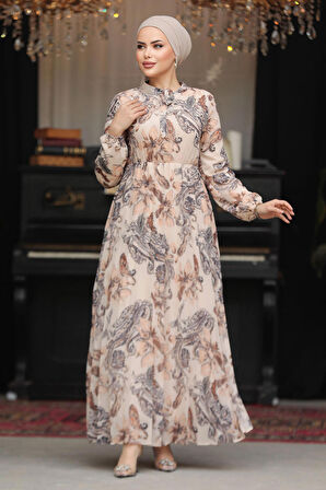 Çiçek Desenli Bej Tesettür Elbise 50355BEJ