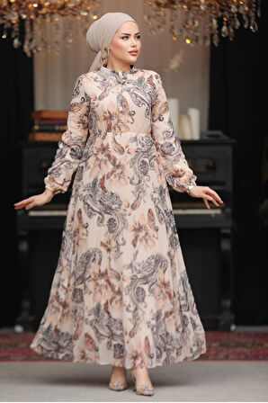 Çiçek Desenli Bej Tesettür Elbise 50355BEJ