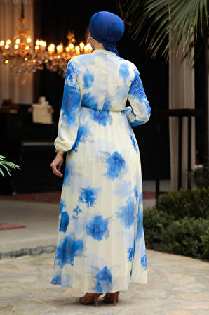 Desenli Mavi Tesettür Elbise 50356M