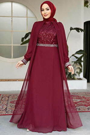 Pelerinli Bordo Tesettür Abiye Elbise 25876BR