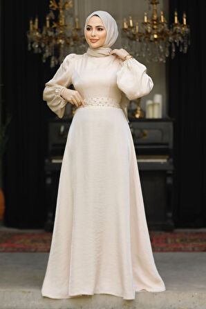 Boncuk Detaylı Bej Tesettür Abiye Elbise 23301BEJ