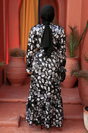 Çiçek Desenli Siyah Tesettür Elbise 60901S