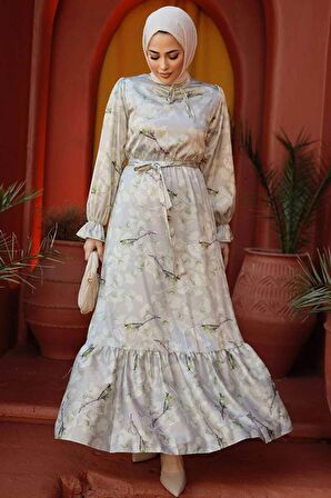 Çiçek Desenli Fıstık Yeşili Tesettür Elbise 60901FY