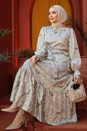 Çiçek Desenli Fıstık Yeşili Tesettür Elbise 60901FY