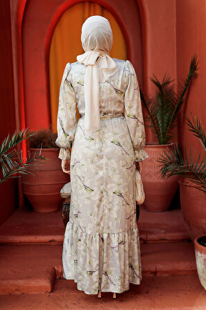 Çiçek Desenli Fıstık Yeşili Tesettür Elbise 60901FY