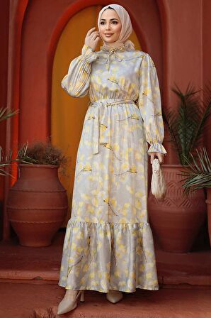 Çiçek Desenli Hardal Tesettür Elbise 60901HR