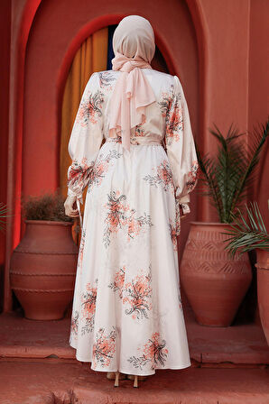 Çiçek Desenli Turuncu Tesettür Elbise 60911T