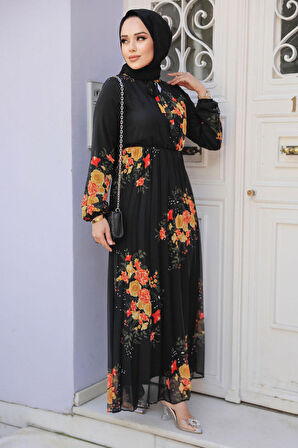 Çiçek Desenli Siyah Tesettür Elbise 503501S