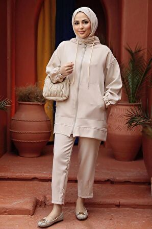 Fermuarlı Bej Tesettür İkili Takım 10400BEJ