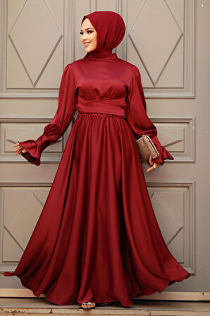 Bordo Tesettür Saten Abiye Elbise 5983BR
