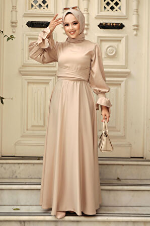 Bej Tesettür Saten Abiye Elbise 5983BEJ