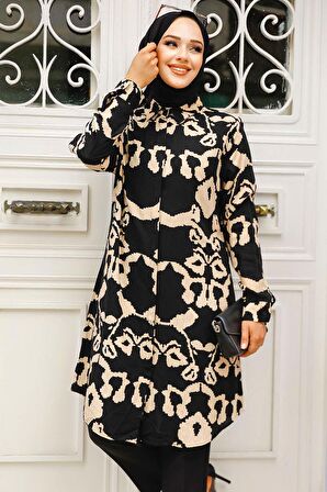 Desenli Siyah Tesettür Tunik 11685S