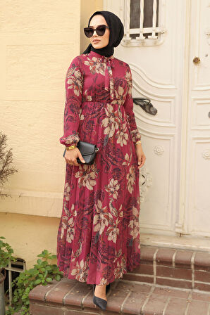 Çiçek Desenli Vişne Tesettür Elbise 50355VSN