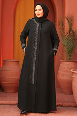 Boncuk Detaylı Siyah Tesettür Abaya 26331S