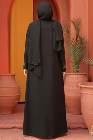 Boncuk Detaylı Siyah Tesettür Abaya 26331S