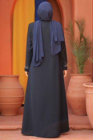 Boncuk Detaylı Lacivert Tesettür Abaya 26331L