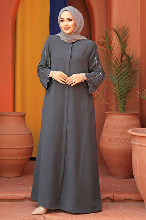 Kolları İşlemeli Füme Tesettür Abaya 2634FU