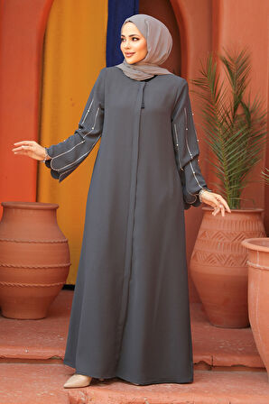 Kolları İşlemeli Füme Tesettür Abaya 2634FU