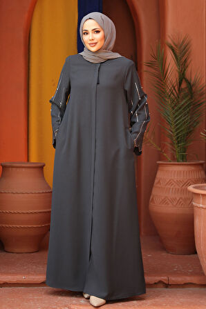 Kolları İşlemeli Füme Tesettür Abaya 2634FU