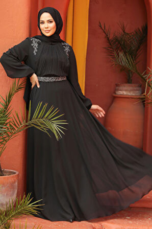 Drape Detaylı Siyah Tesettür Abiye Elbise 25879S