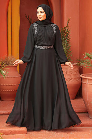 Drape Detaylı Siyah Tesettür Abiye Elbise 25879S