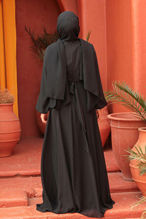 Drape Detaylı Siyah Tesettür Abiye Elbise 25879S