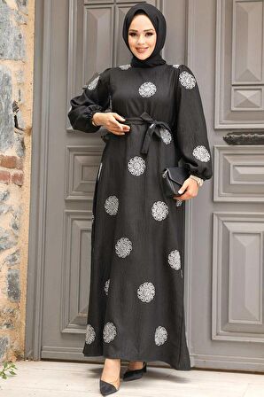 Çiçek Desenli Gümüş Tesettür Elbise 30442GMS