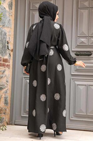 Çiçek Desenli Gümüş Tesettür Elbise 30442GMS