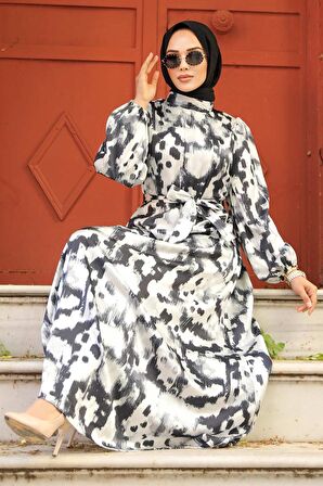 Desenli Siyah Tesettür Elbise 23423S