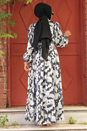 Desenli Siyah Tesettür Elbise 23423S