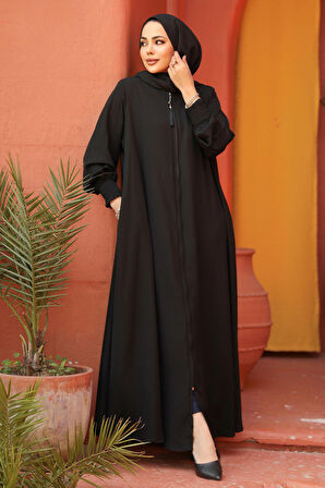 Fermuarlı Siyah Tesettür Abaya 26302S
