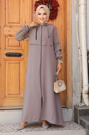 Kapşonlu Gri Tesettür Abaya 62602GR