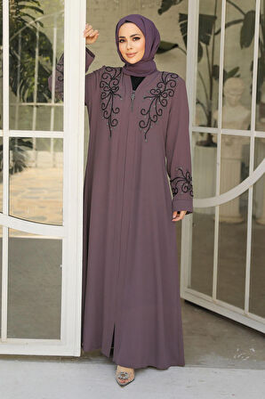 Boncuk İşlemeli Gül Kurusu Tesettür Abaya 29107GK