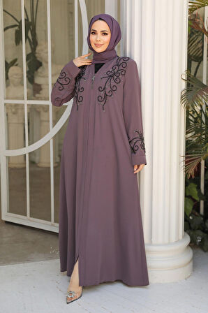 Boncuk İşlemeli Gül Kurusu Tesettür Abaya 29107GK
