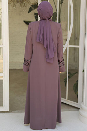 Boncuk İşlemeli Gül Kurusu Tesettür Abaya 29107GK