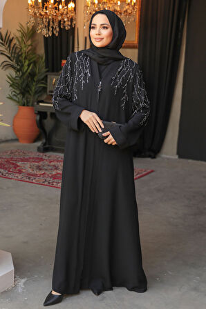 Boncuk İşlemeli Siyah Tesettür Abaya 29110S