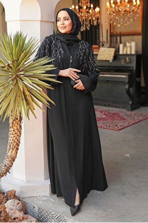 Boncuk İşlemeli Siyah Tesettür Abaya 29110S