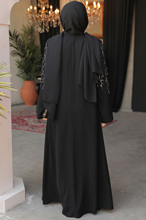 Boncuk İşlemeli Siyah Tesettür Abaya 29110S