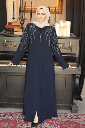 Boncuk İşlemeli Lacivert Tesettür Abaya 29110L