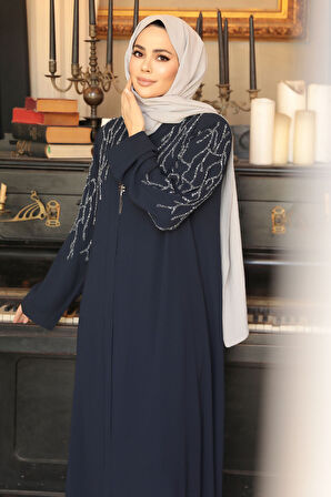 Boncuk İşlemeli Lacivert Tesettür Abaya 29110L