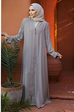 Boncuk İşlemeli Bej Tesettür Abaya 29110BEJ