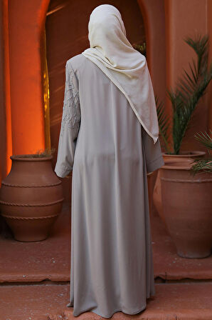 Boncuk İşlemeli Bej Tesettür Abaya 29110BEJ