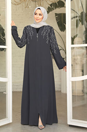 Boncuk İşlemeli Füme Tesettür Abaya 29110FU