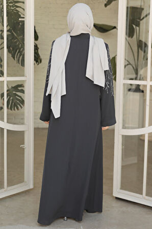 Boncuk İşlemeli Füme Tesettür Abaya 29110FU