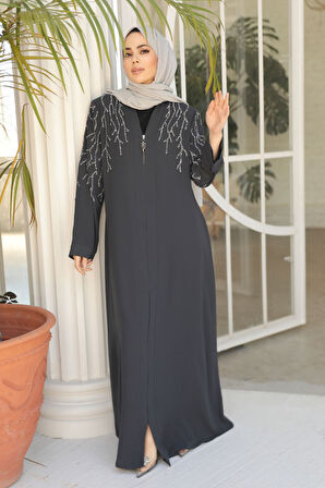 Boncuk İşlemeli Füme Tesettür Abaya 29110FU