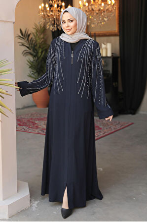 Boncuk İşlemeli Lacivert Tesettür Abaya 29111L