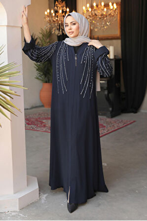 Boncuk İşlemeli Lacivert Tesettür Abaya 29111L