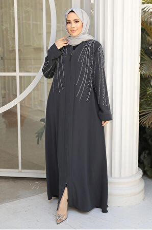 Boncuk İşlemeli Füme Tesettür Abaya 29111FU