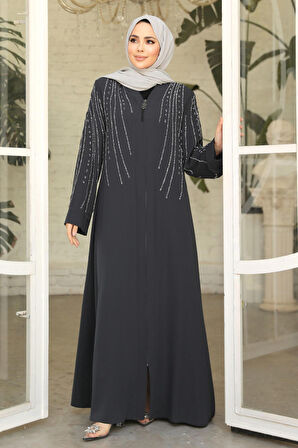 Boncuk İşlemeli Füme Tesettür Abaya 29111FU